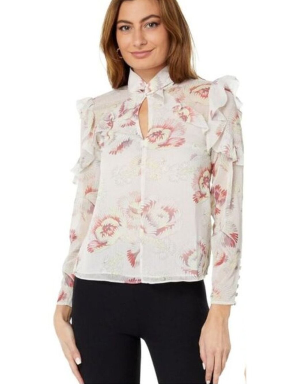 TED BAKER LONDON Thellma Ivory/Pink Floral Twist Ruffle Blouse Women 14 NEW